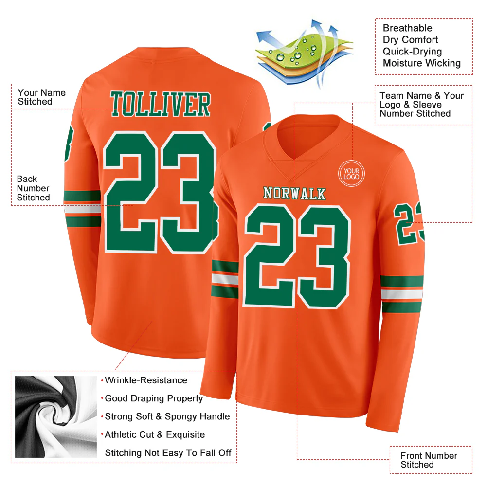 Custom Orange Kelly Green-White Long Sleeve Authentic Football Jersey