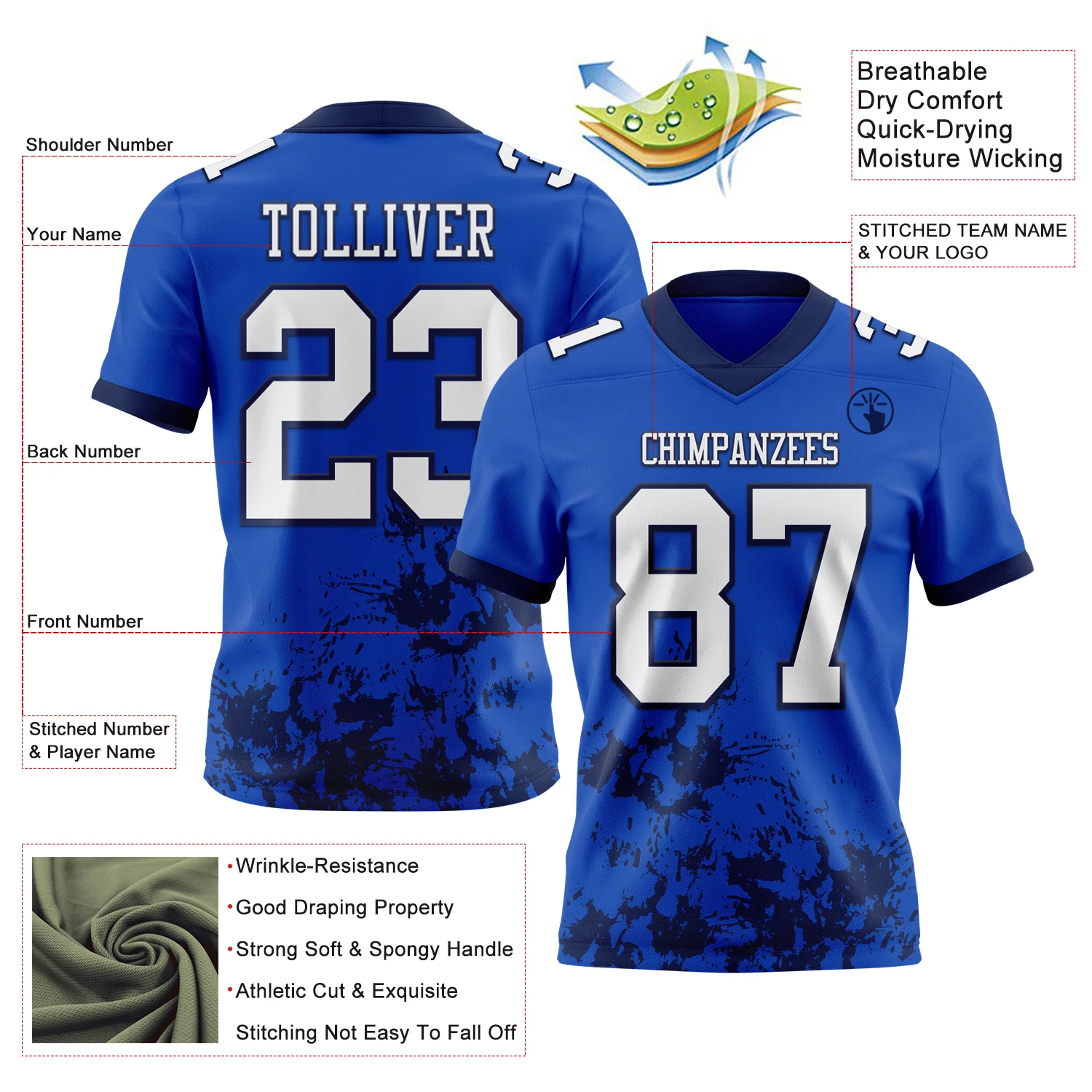 Custom Thunder Blue White-Navy 3D Pattern Splash Authentic Football Jersey