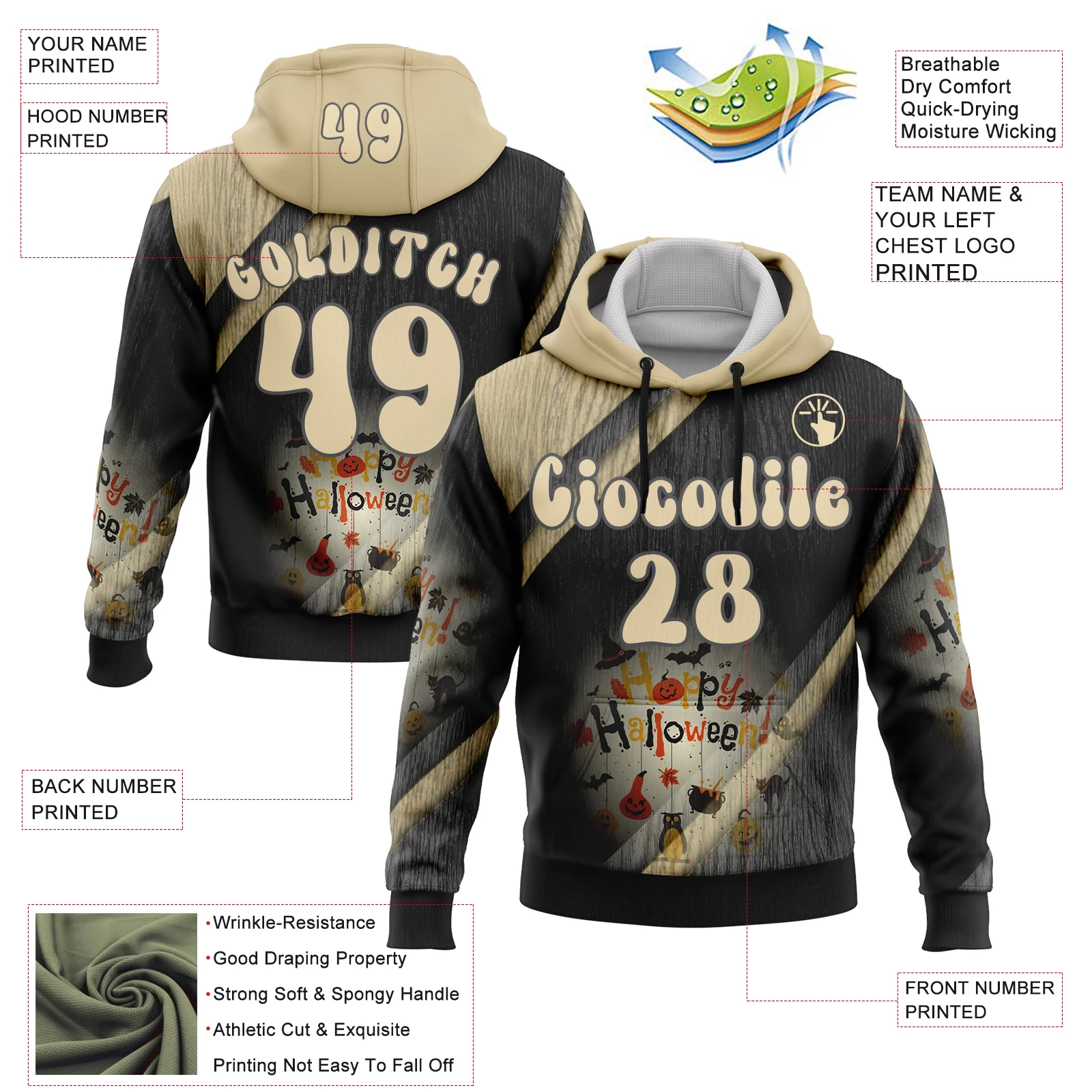 Custom Black Cream-Steel Gray 3D Halloween Spooky Stripe Sports Pullover Sweatshirt Hoodie