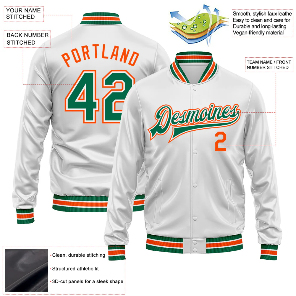 Custom White Kelly Green-Orange Bomber Full-Snap Varsity Faux Leather Letterman Jacket