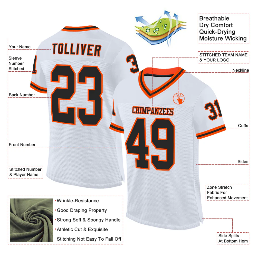 Custom White Black-Orange Mesh Authentic Throwback Football Jersey