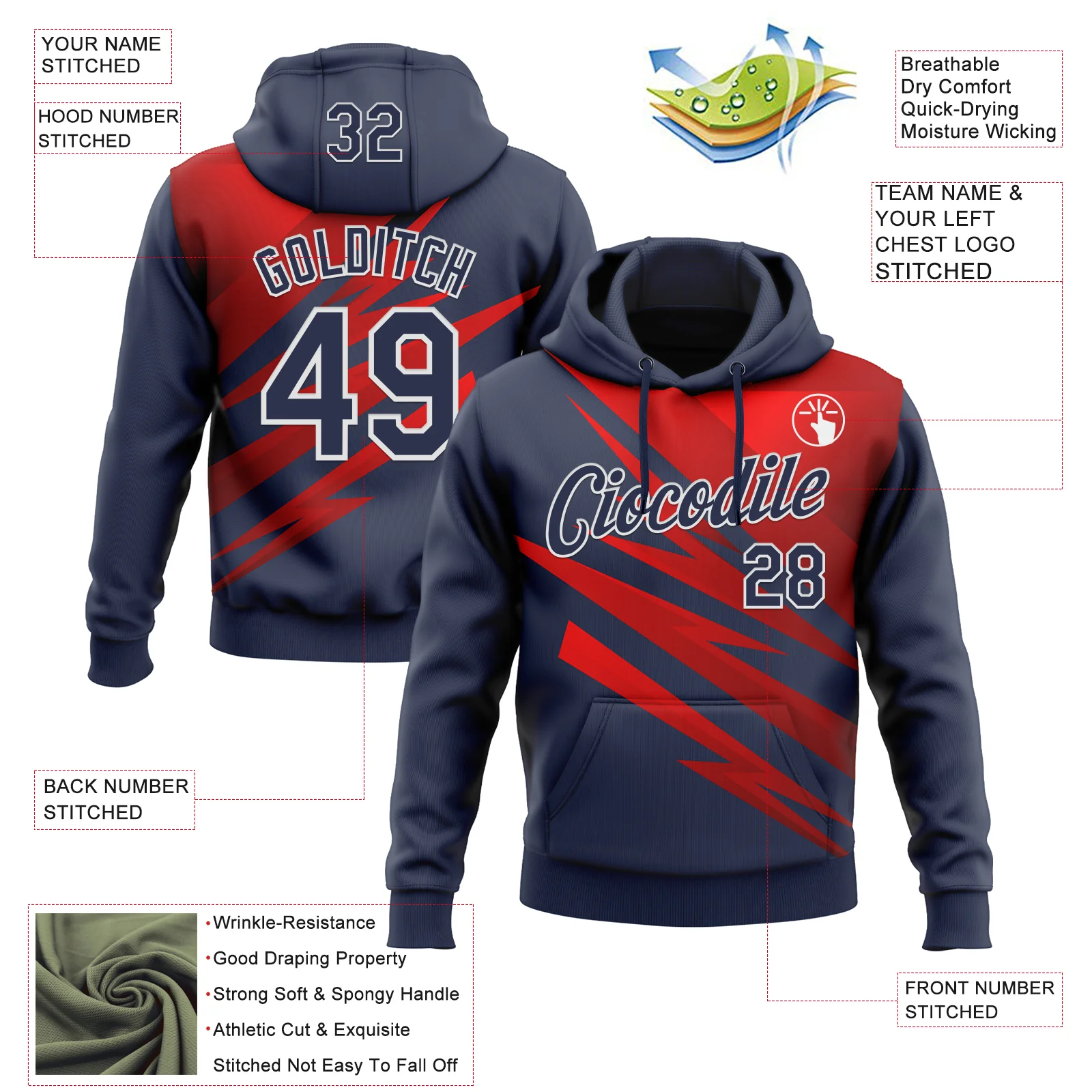 Custom Stitched Navy Red-White 3D Pattern Design Line Sports Pullover Sweatshirt Hoodie