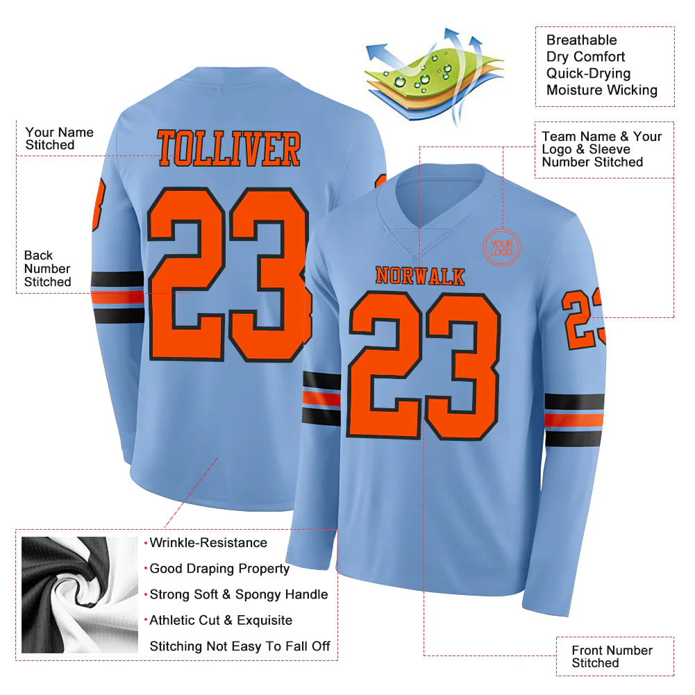 Custom Light Blue Orange-Black Long Sleeve Authentic Football Jersey
