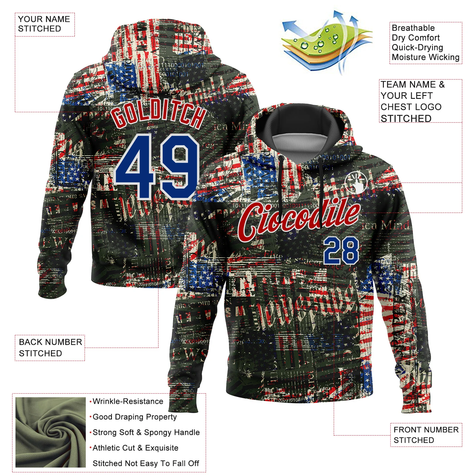 Custom Stitched Black Royal Red-White 3D American Flag Retro Distressed Grunge Sports Pullover Sweatshirt Hoodie