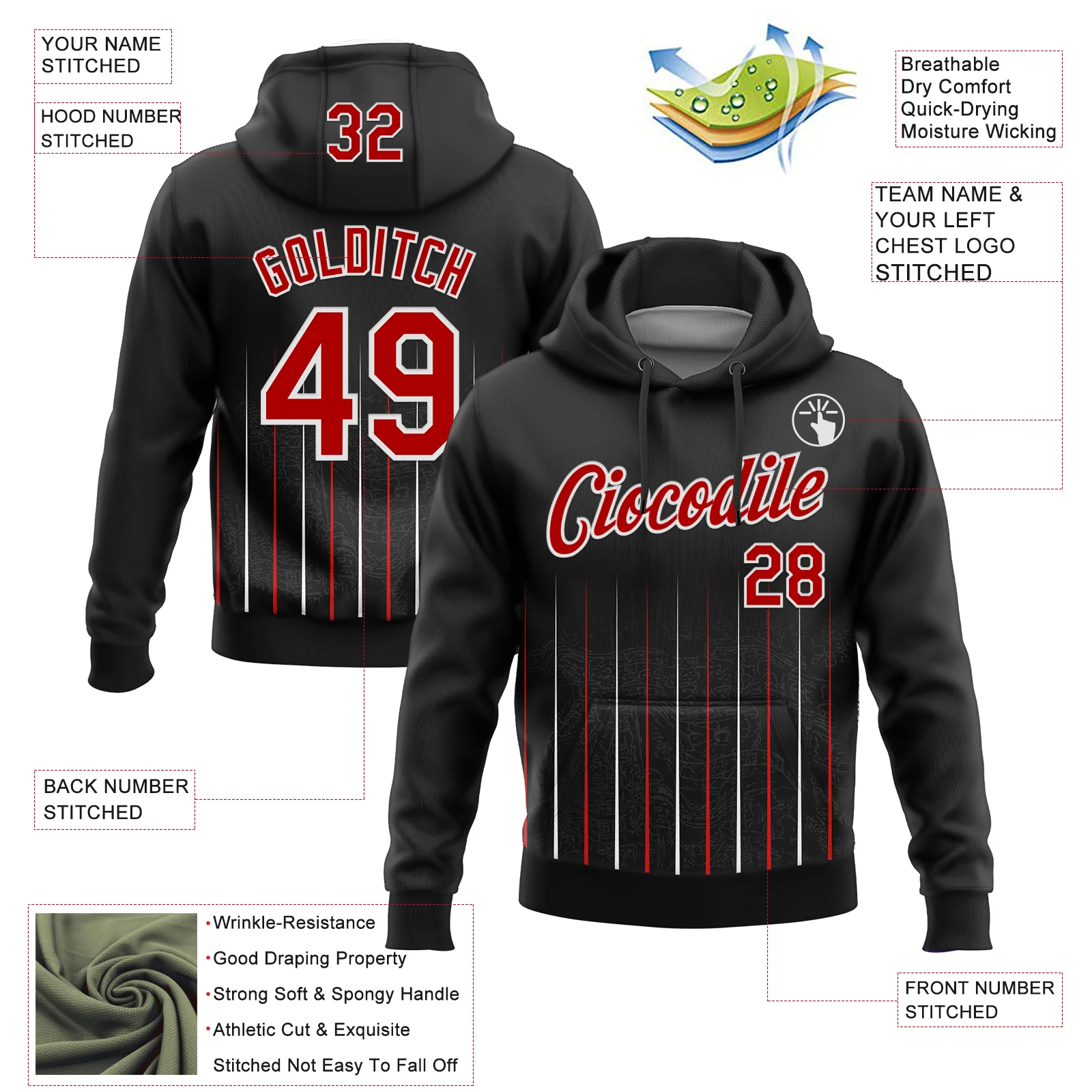 Custom Stitched Black Red-White 3D Pattern Design Line Sports Pullover Sweatshirt Hoodie