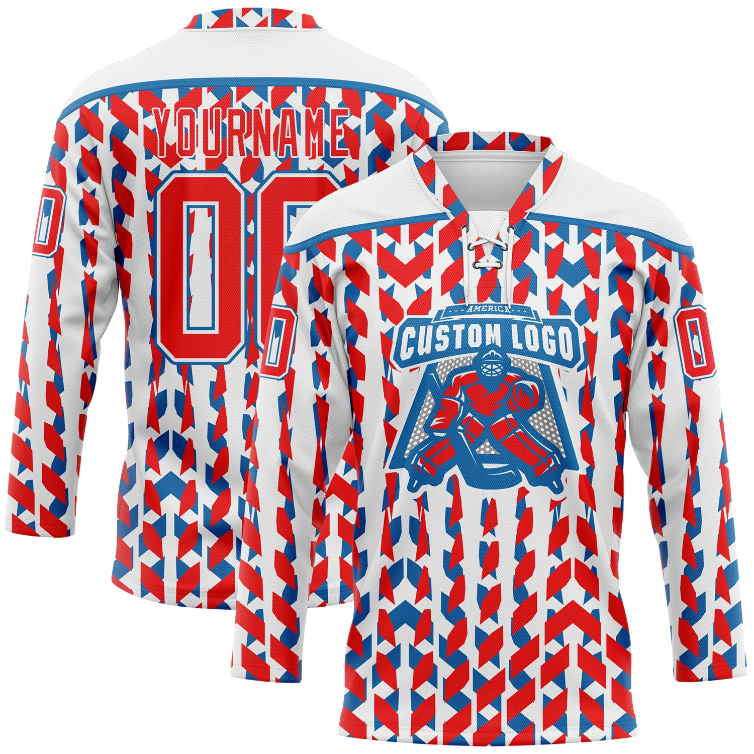 Custom White Fire Red-Blue American Flag Hockey Lace Neck Jersey