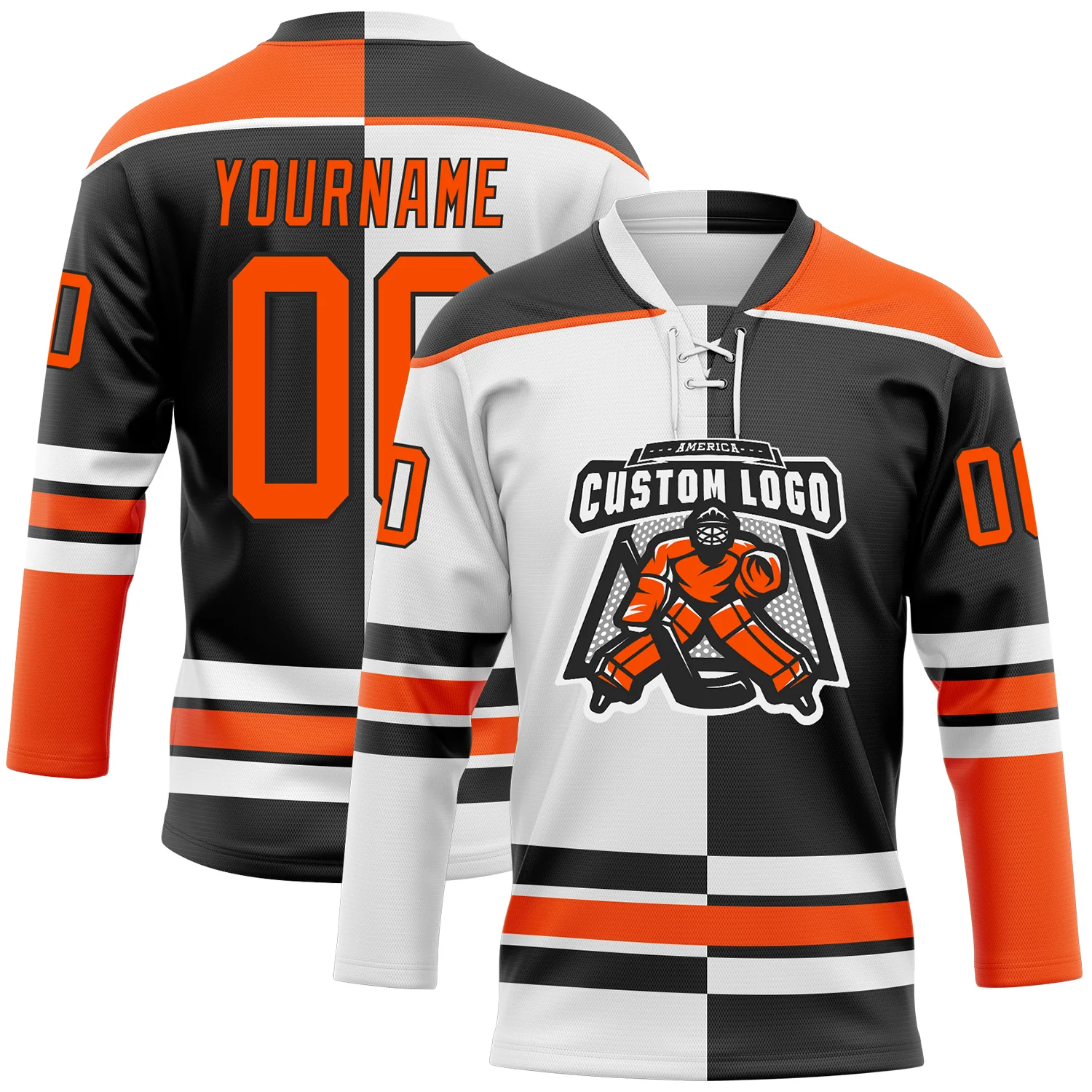 Custom Black Orange-White Split Fashion Hockey Lace Neck Jersey