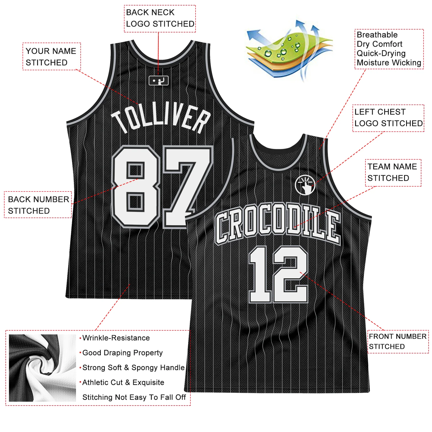 Custom Black Gray Pinstripe White Authentic Basketball Jersey