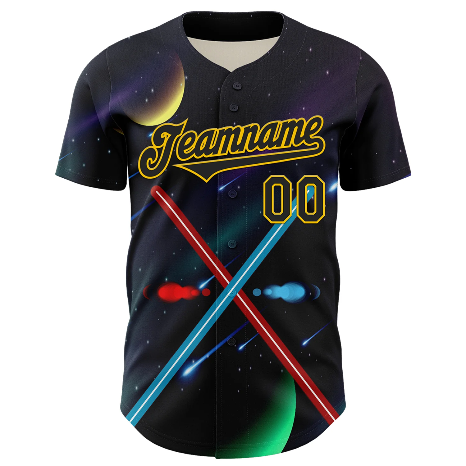 Custom Black Yellow 3D Pattern Design Outer Space Light Swords Authentic Baseball Jersey