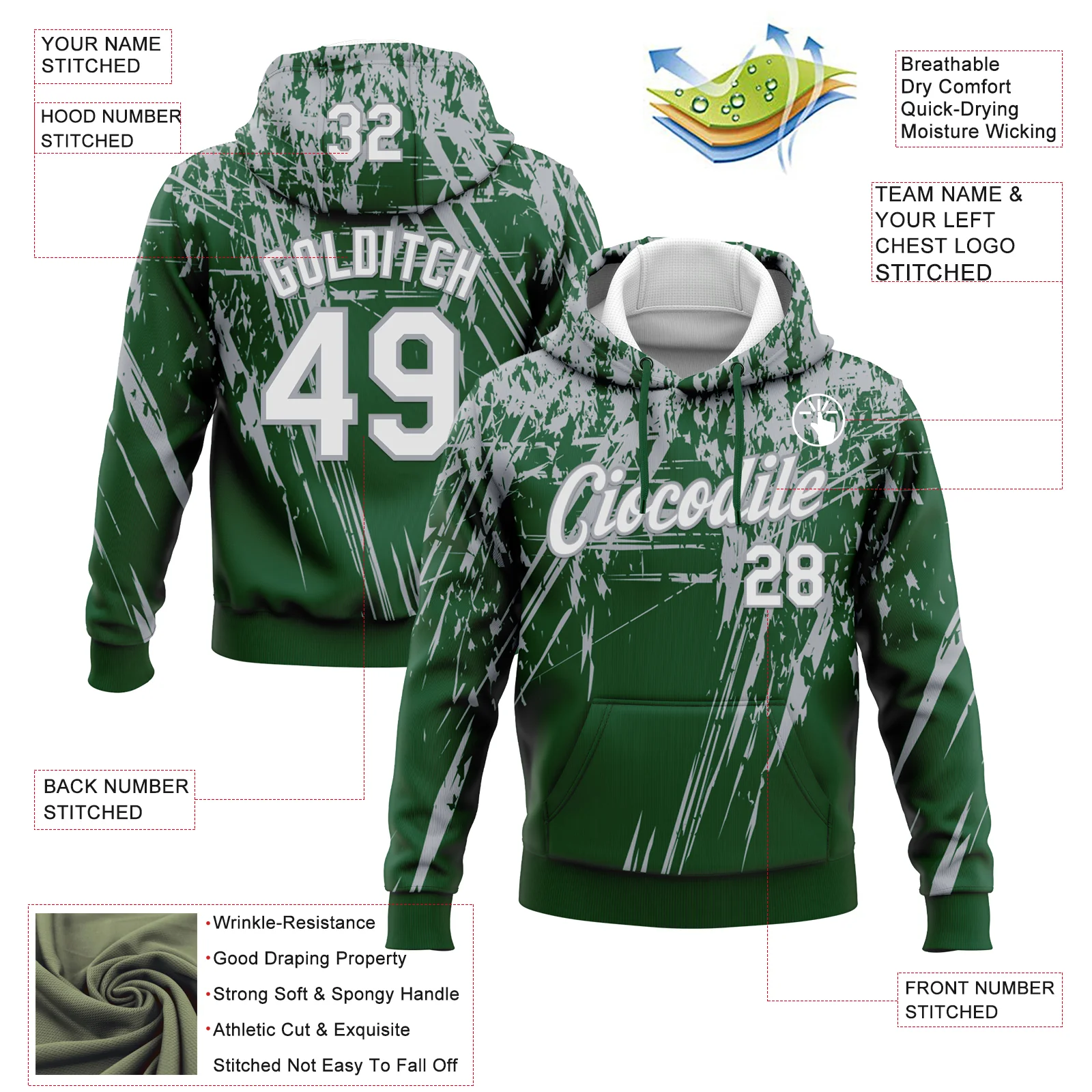 Custom Stitched Green White-Gray 3D Pattern Design Splash Grunge Art Sports Pullover Sweatshirt Hoodie