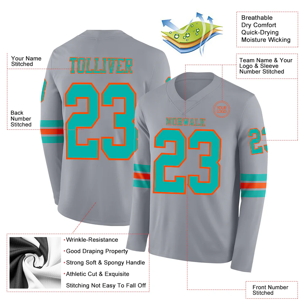 Custom Gray Aqua-Orange Long Sleeve Authentic Football Jersey