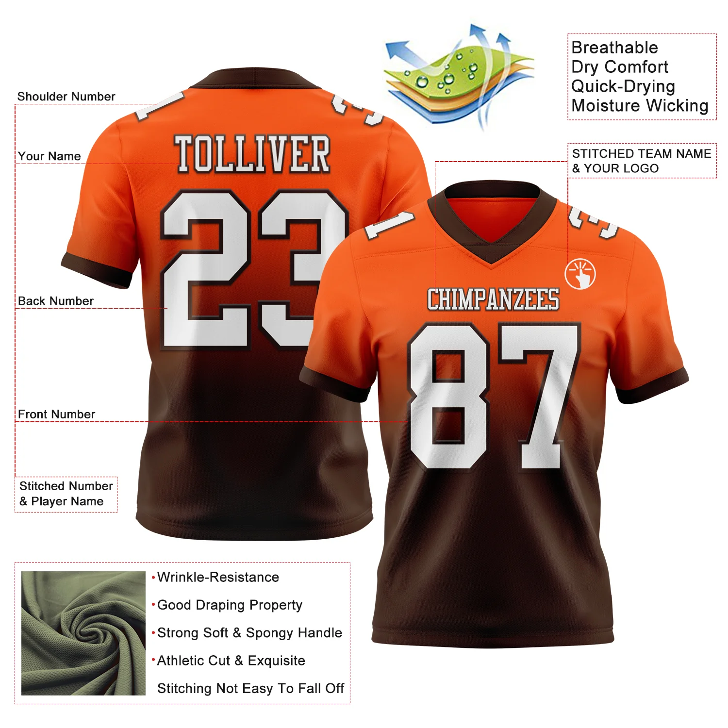 Custom Orange White-Brown Authentic Fade Fashion Football Jersey