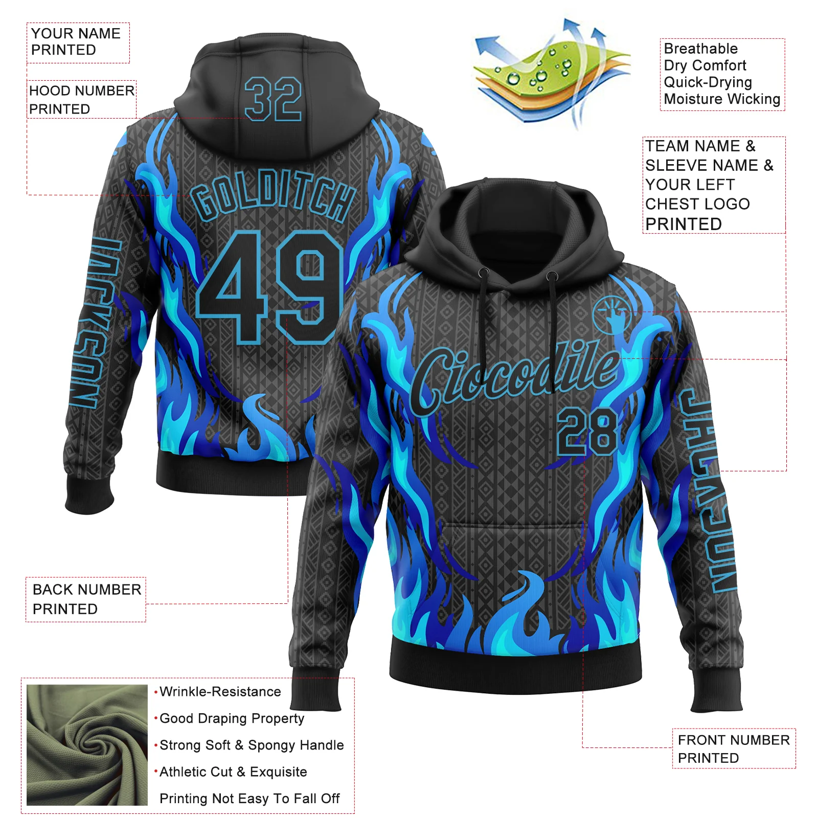 Custom Black Sky Blue 3D Abstract Flame Sports Pullover Sweatshirt Hoodie