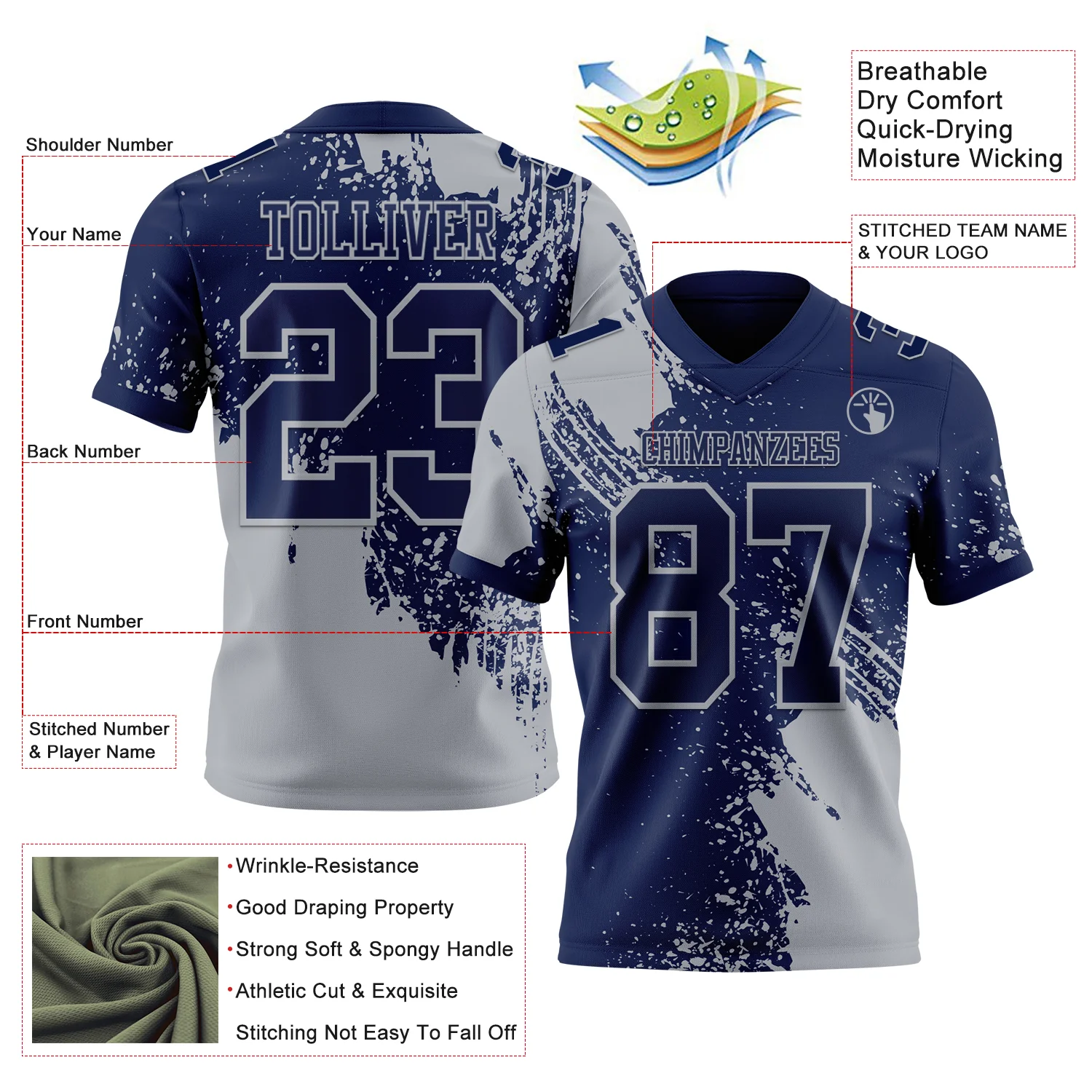 Custom Navy Gray 3D Pattern Abstract Brush Stroke Authentic Football Jersey