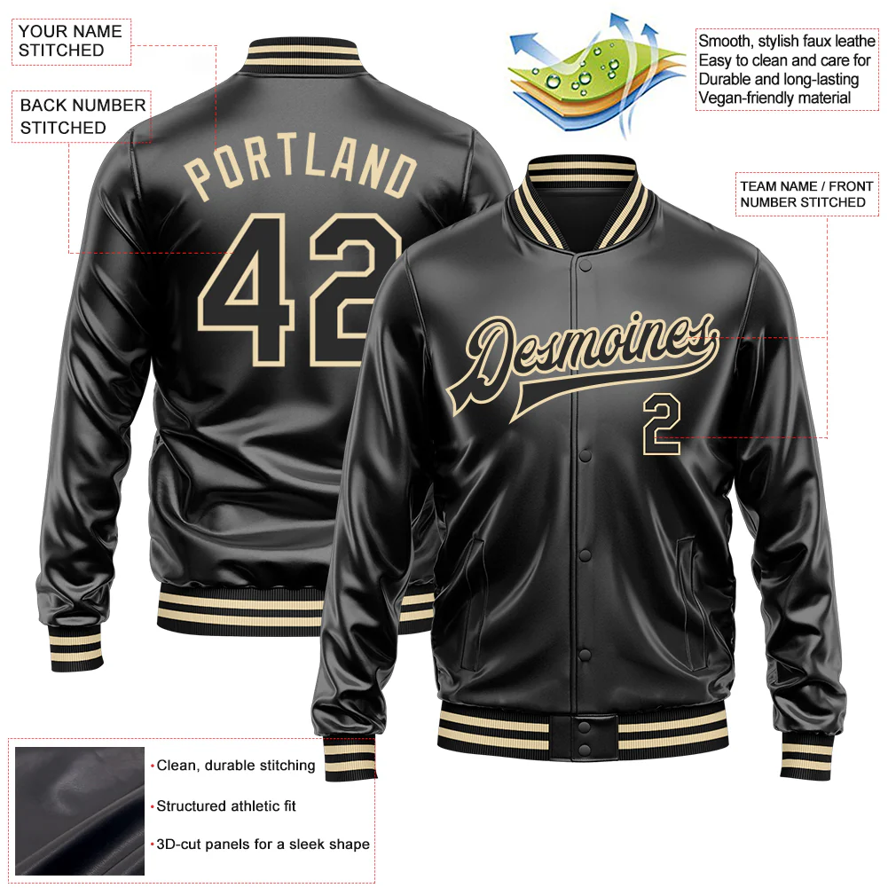 Custom Black Black-Cream Bomber Full-Snap Varsity Faux Leather Letterman Jacket