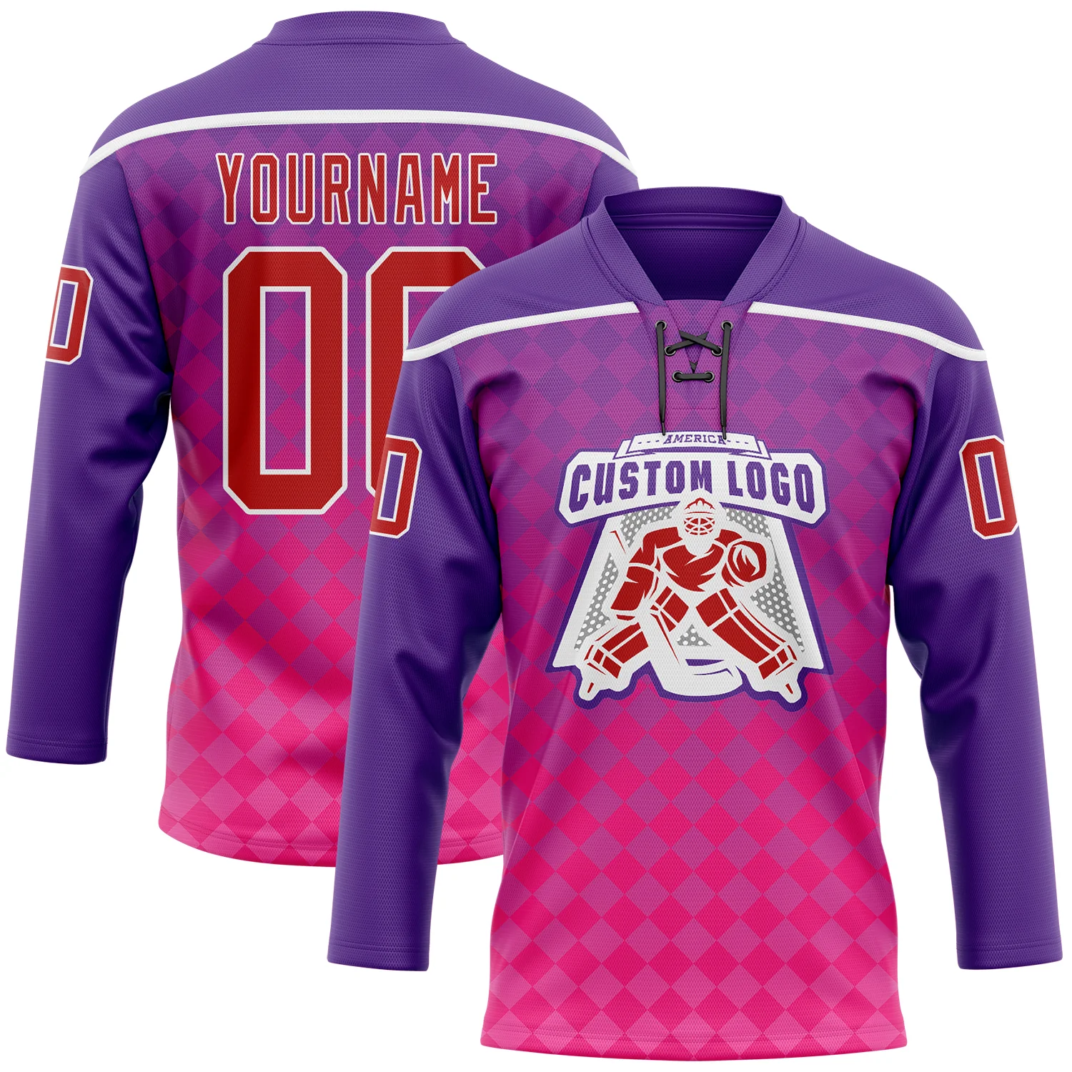Custom Purple Red Pink-White 3D Pattern Abstract Gradient Halftone Hockey Lace Neck Jersey
