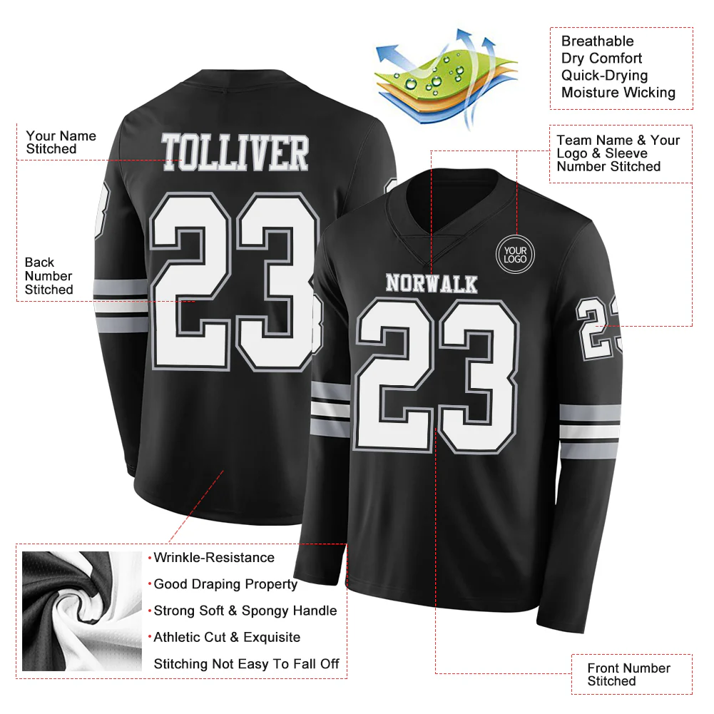 Custom Black White-Gray Long Sleeve Authentic Football Jersey