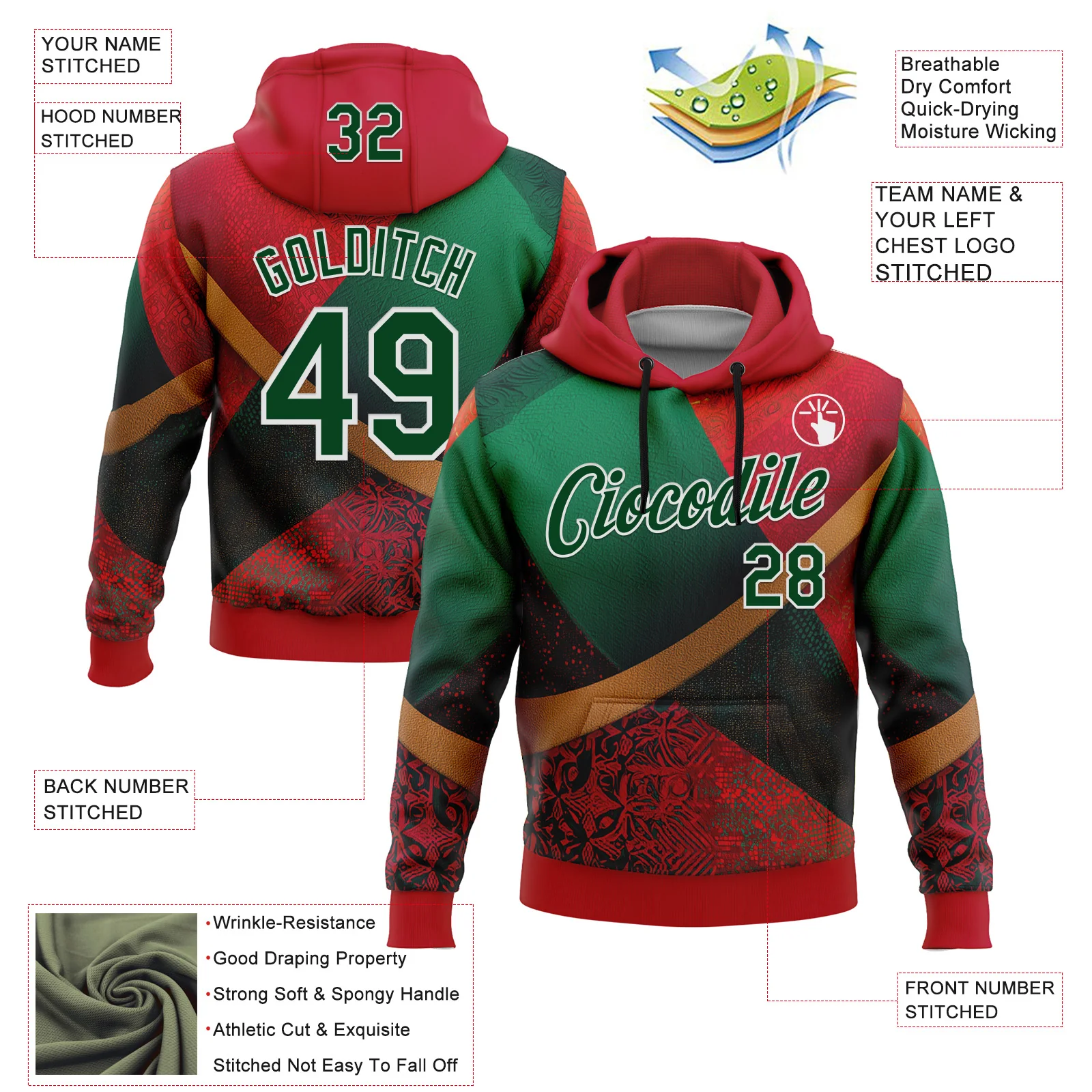 Custom Stitched Red Green-White 3D Pattern Design Mexico Geometric Tribal Sportswear Pullover Sweatshirt Hoodie