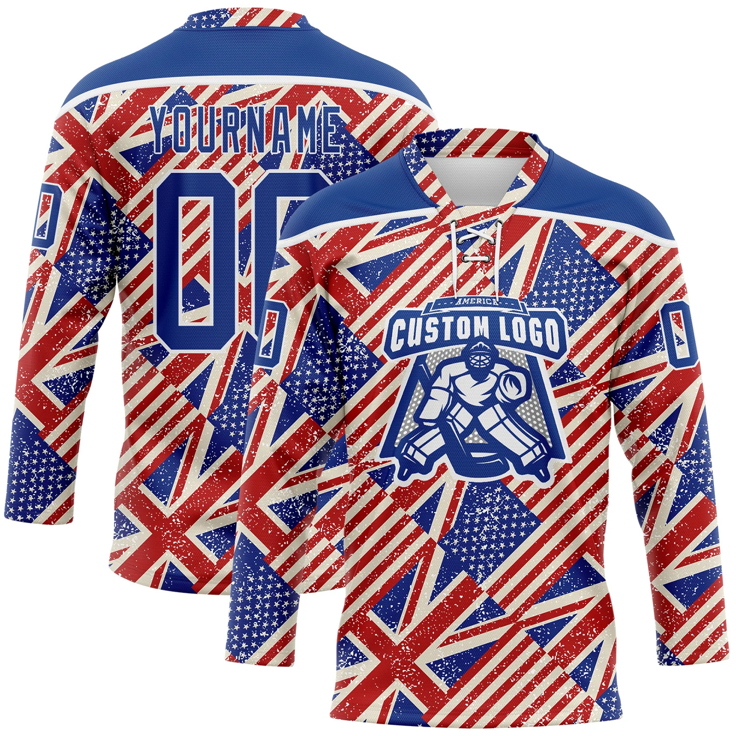 Custom Royal Red Cream-White American Flag Grunge Hockey Lace Neck Jersey