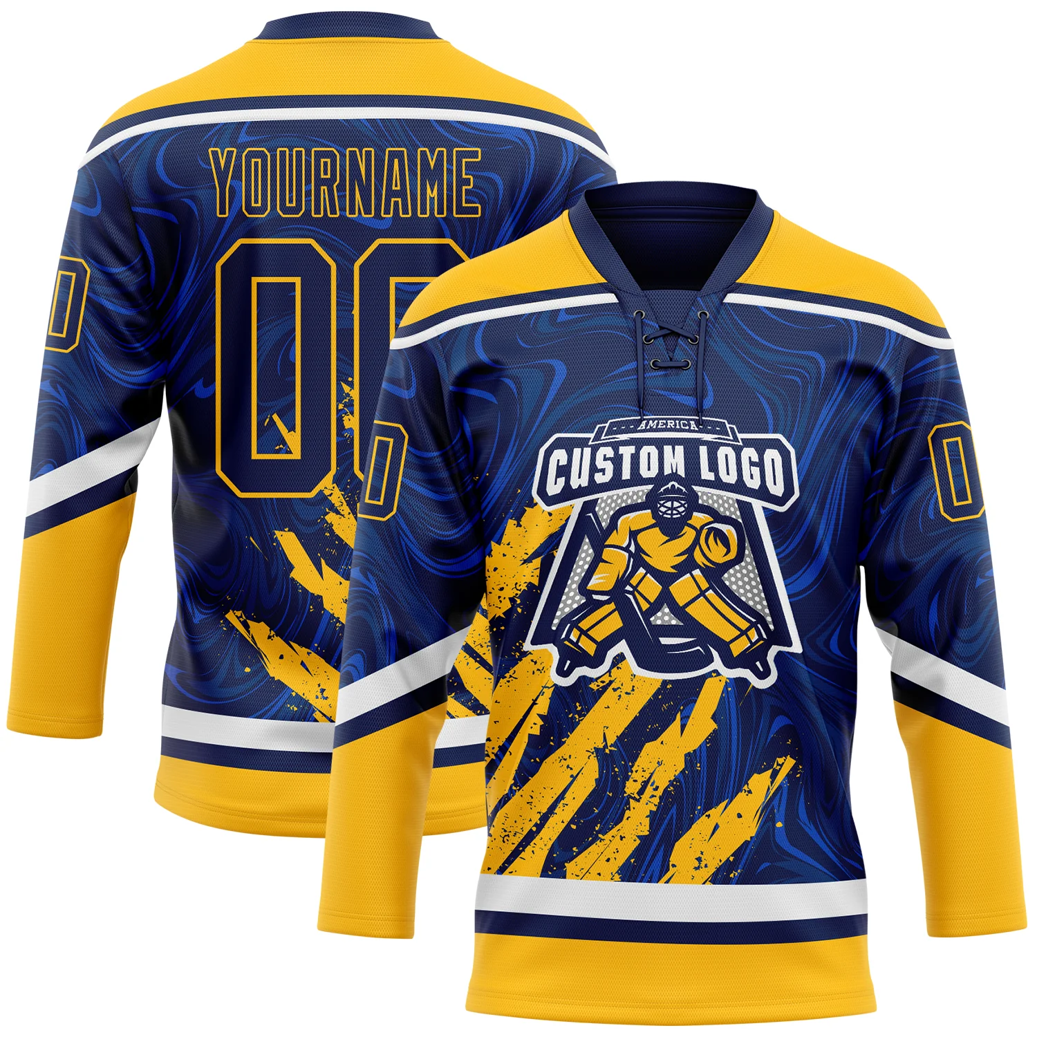 Custom Navy Gold-White 3D Splash Art Hockey Lace Neck Jersey
