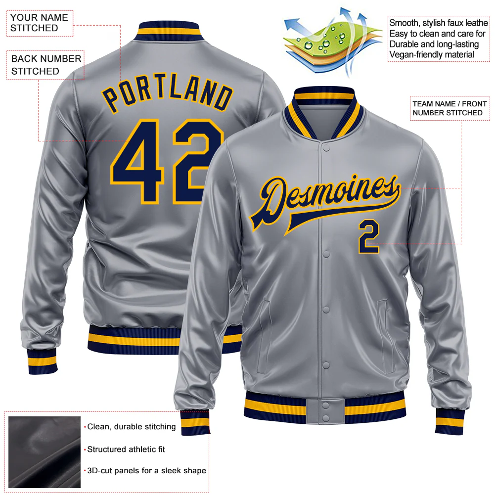 Custom Gray Navy-Gold Bomber Full-Snap Varsity Faux Leather Letterman Jacket