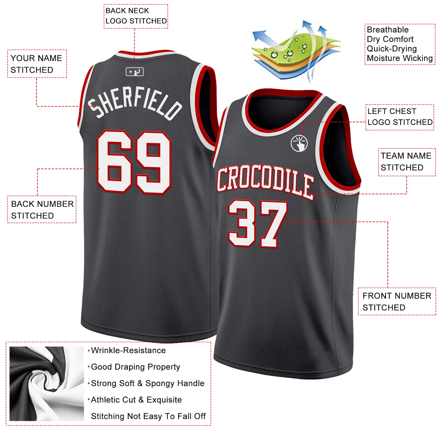Custom Steel Gray White-Red Authentic Basketball Jersey