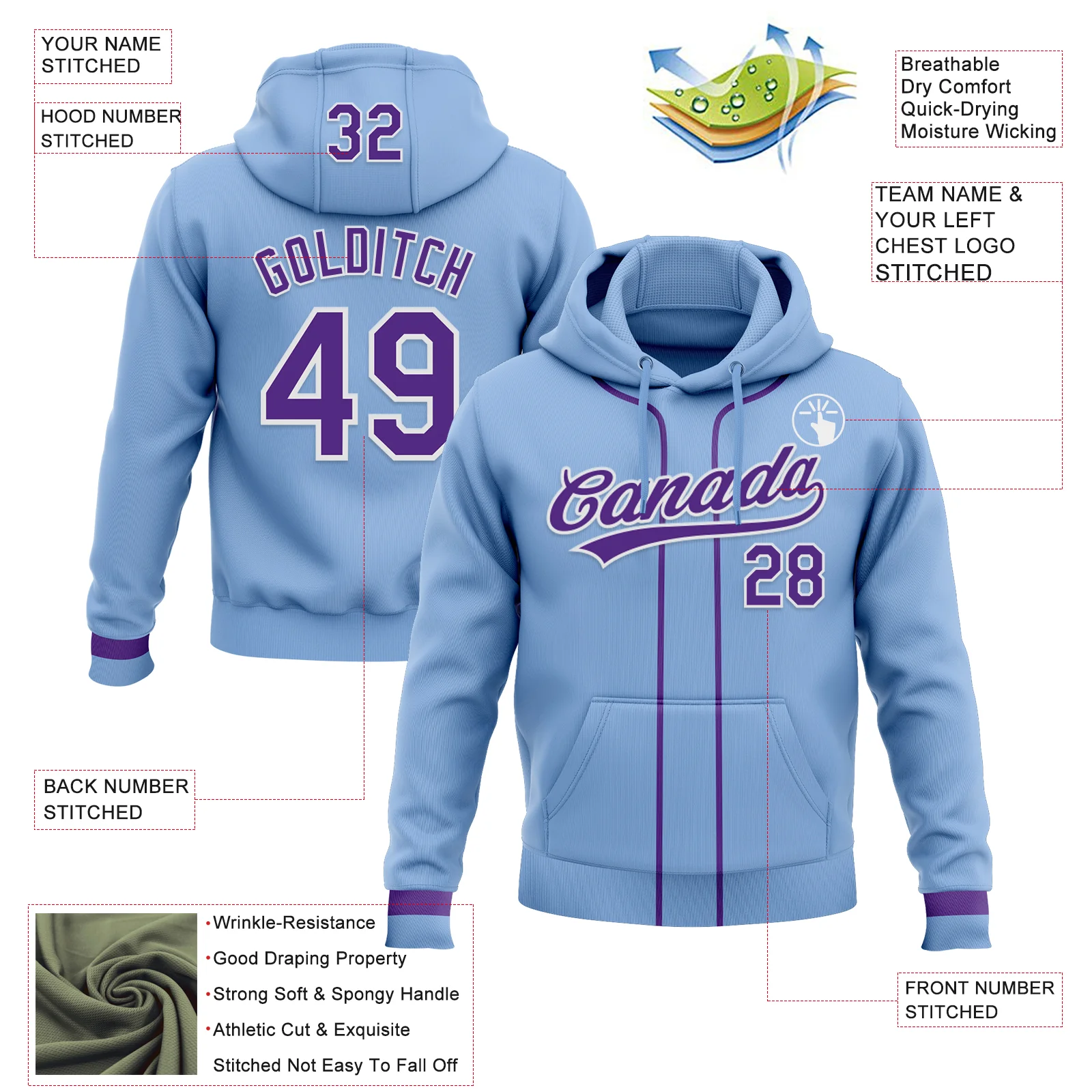 Custom Stitched Light Blue Purple-White Baseball Pullover Sweatshirt Hoodie