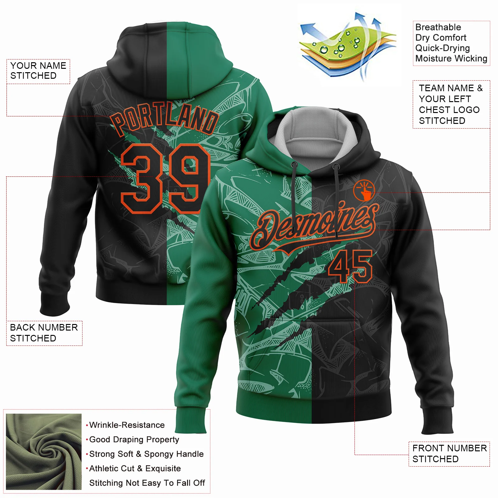 Custom Stitched Graffiti Pattern Black Kelly Green-Orange 3D Scratch Sports Pullover Sweatshirt Hoodie