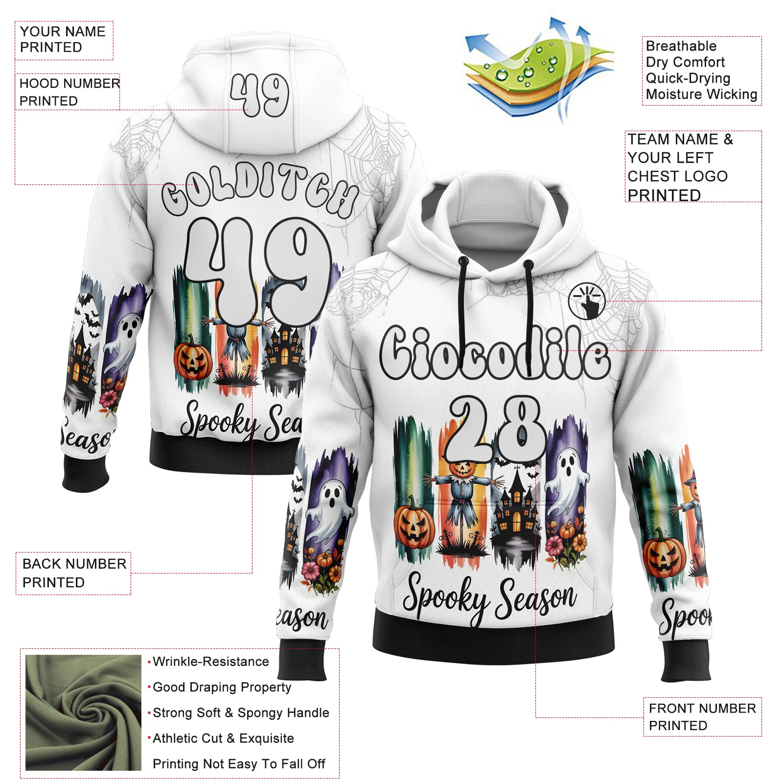 Custom White Black 3D Halloween Pumpkin Spooky Sports Pullover Sweatshirt Hoodie