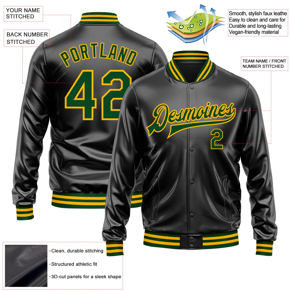 Custom Black Green-Gold Bomber Full-Snap Varsity Faux Leather Letterman Jacket