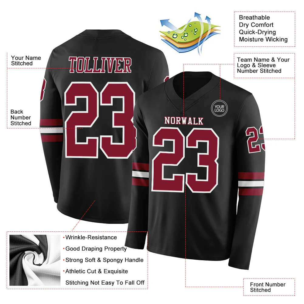 Custom Black Crimson-White Long Sleeve Authentic Football Jersey