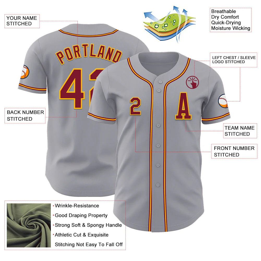 Custom Gray Crimson-Gold Authentic Baseball Jersey