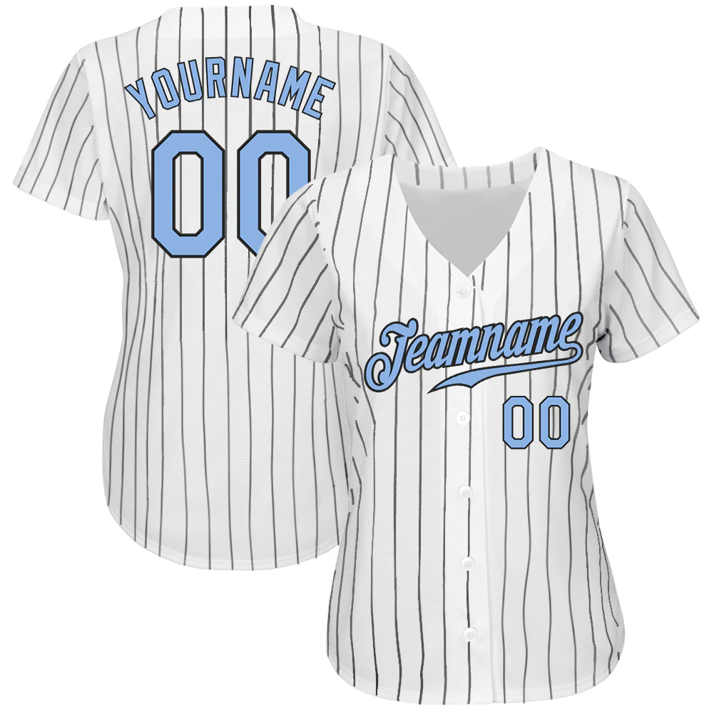 Custom White Black Pinstripe Light Blue-Black Authentic Baseball Jersey