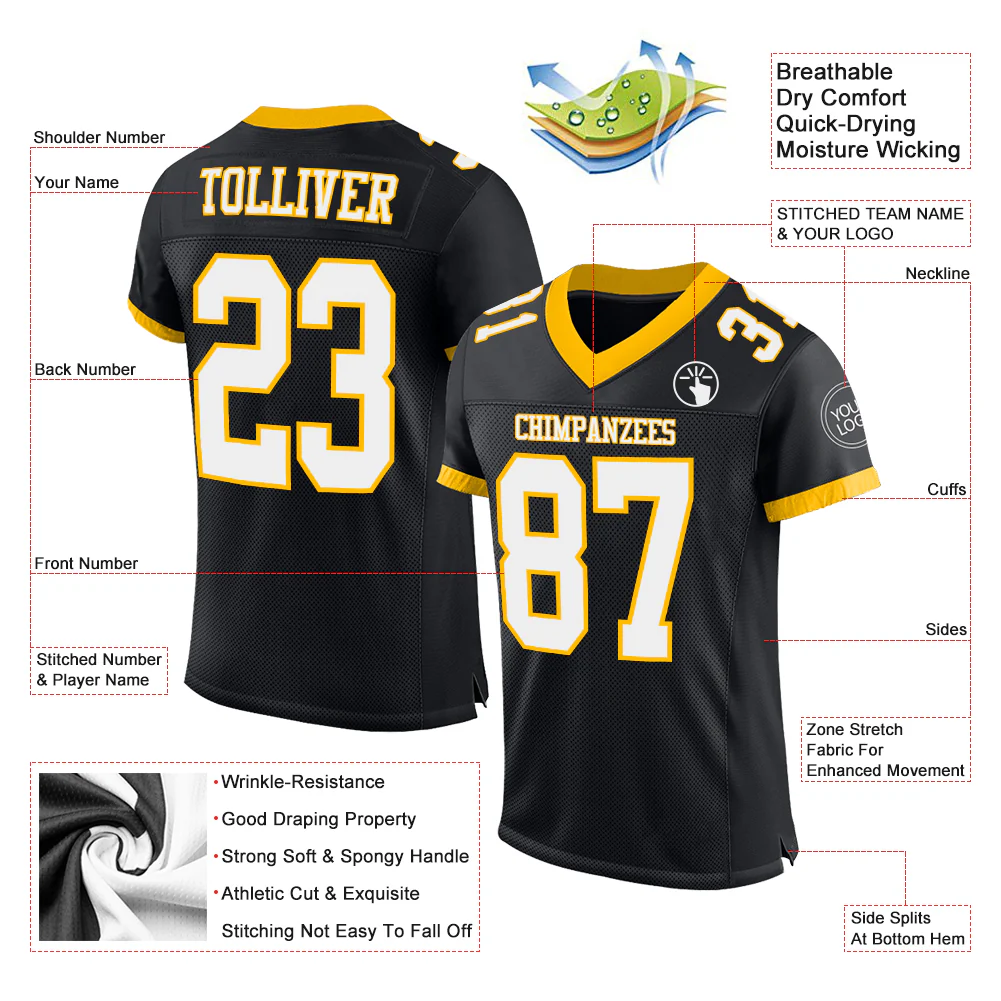 Custom Black White-Gold Mesh Authentic Football Jersey