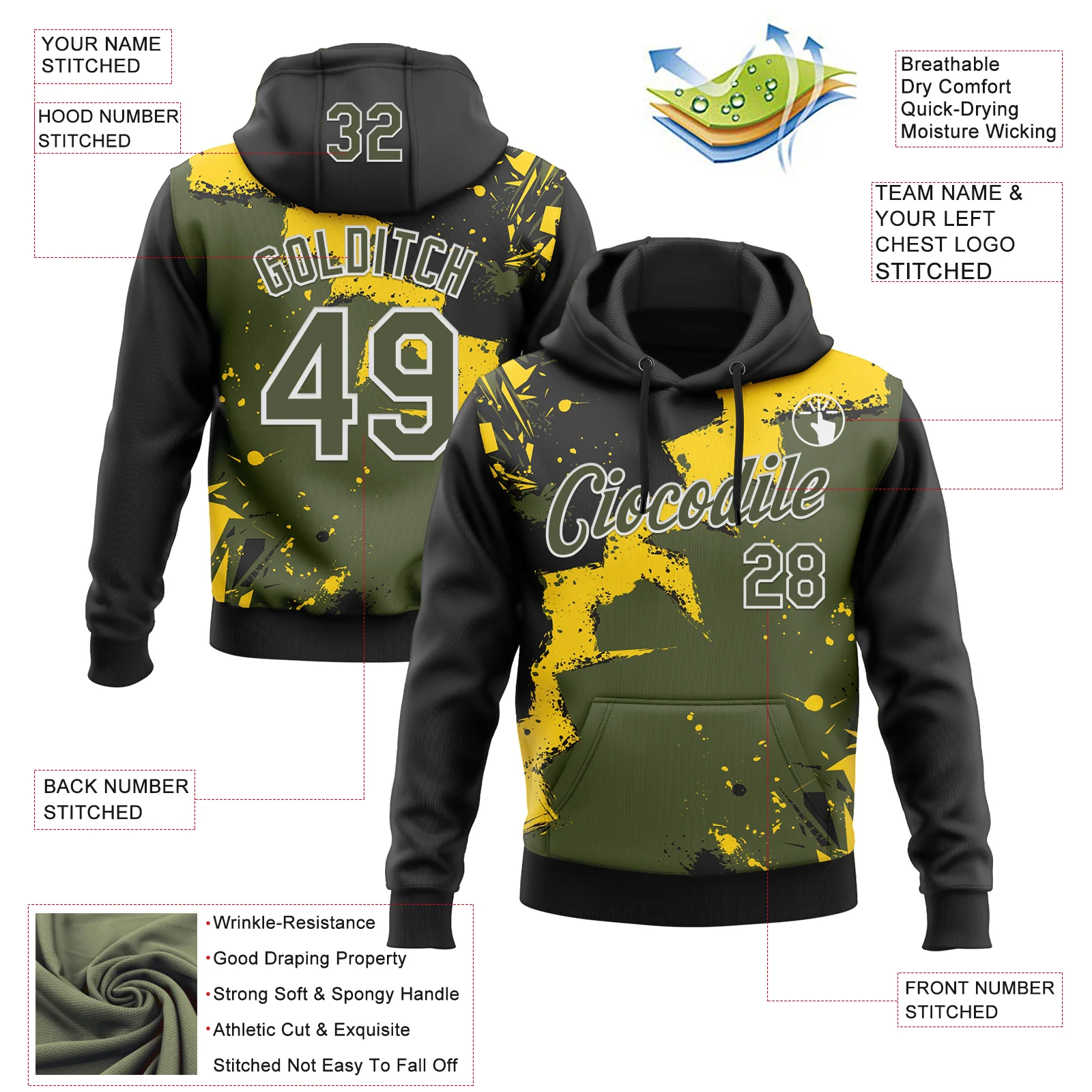 Custom Stitched Black Olive Yellow-White 3D Pattern Design Splash Torn Paper Style Sports Pullover Sweatshirt Hoodie