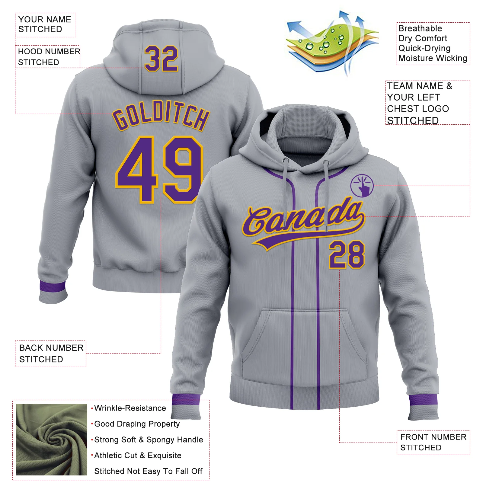 Custom Stitched Gray Purple-Gold Baseball Pullover Sweatshirt Hoodie