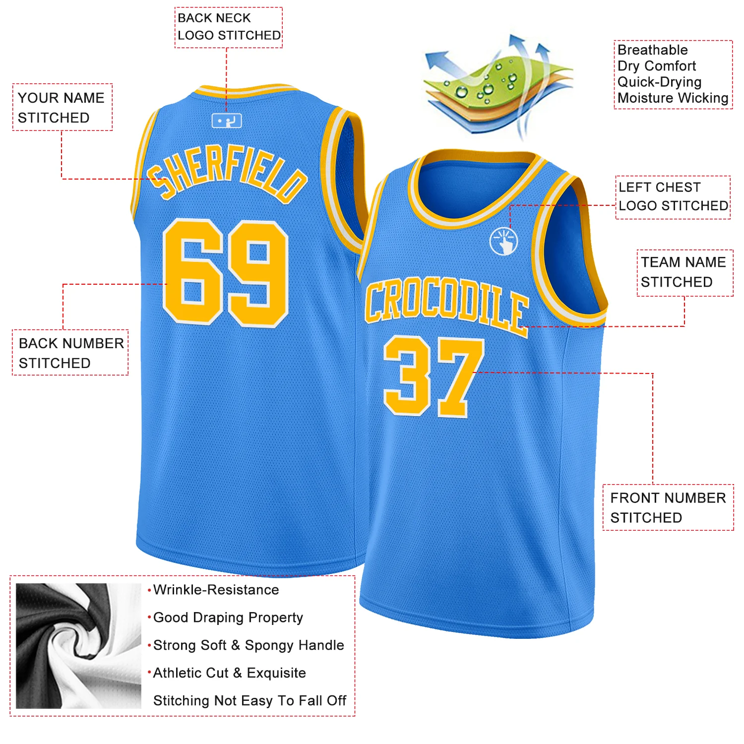 Custom Powder Blue Gold-White Authentic Basketball Jersey