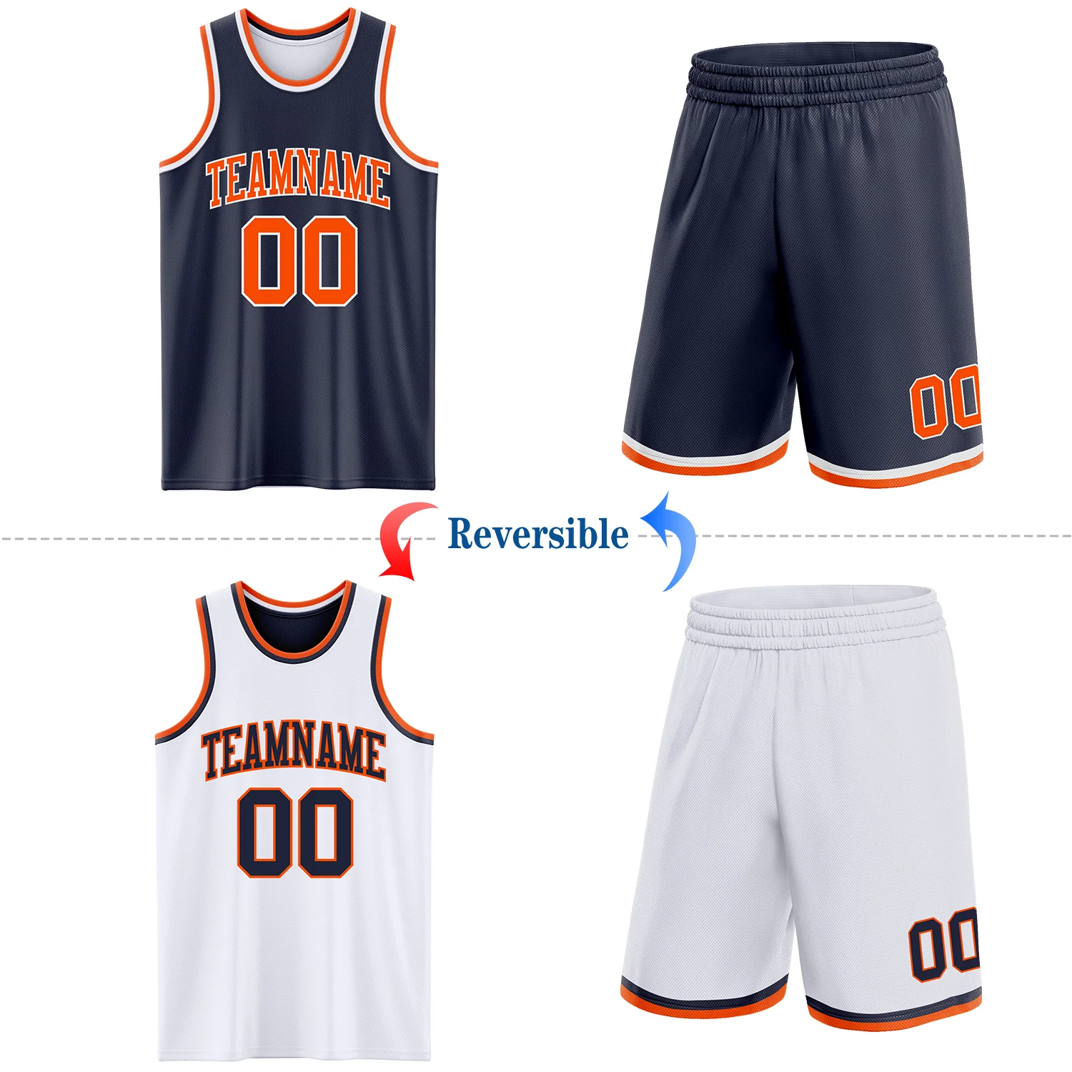 Custom Reversible Navy Orange-White Double Side Sublimation Basketball Suit Jersey
