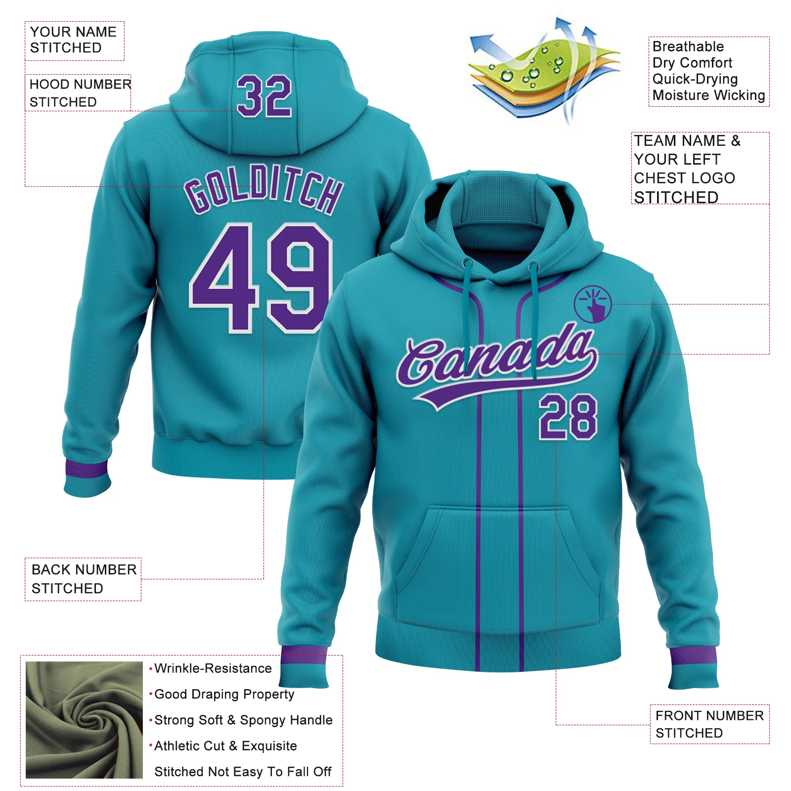 Custom Stitched Teal Purple-White Baseball Pullover Sweatshirt Hoodie