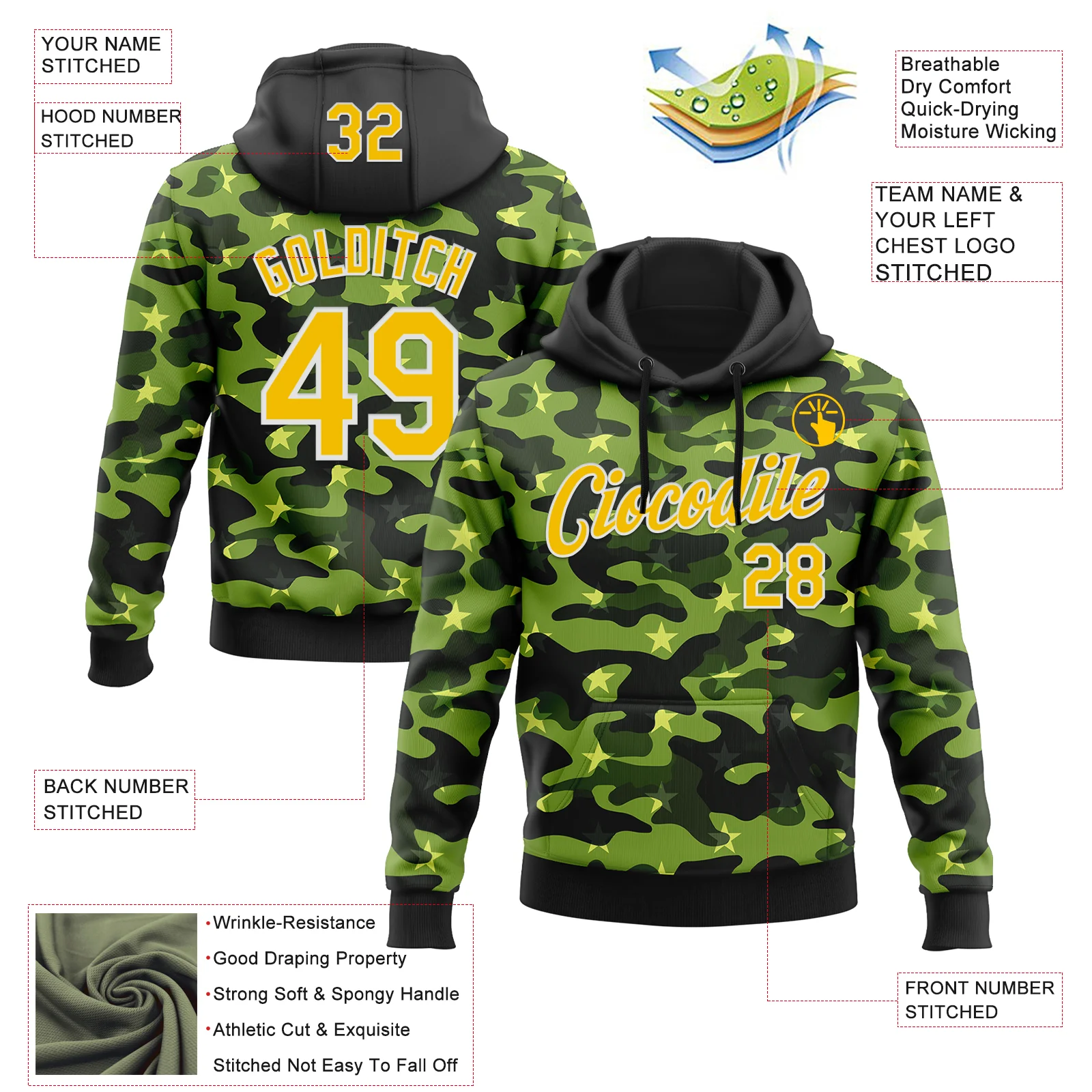 Custom Stitched Black Yellow-White 3D Pattern Design Camo Military Sportswear Pullover Sweatshirt Hoodie