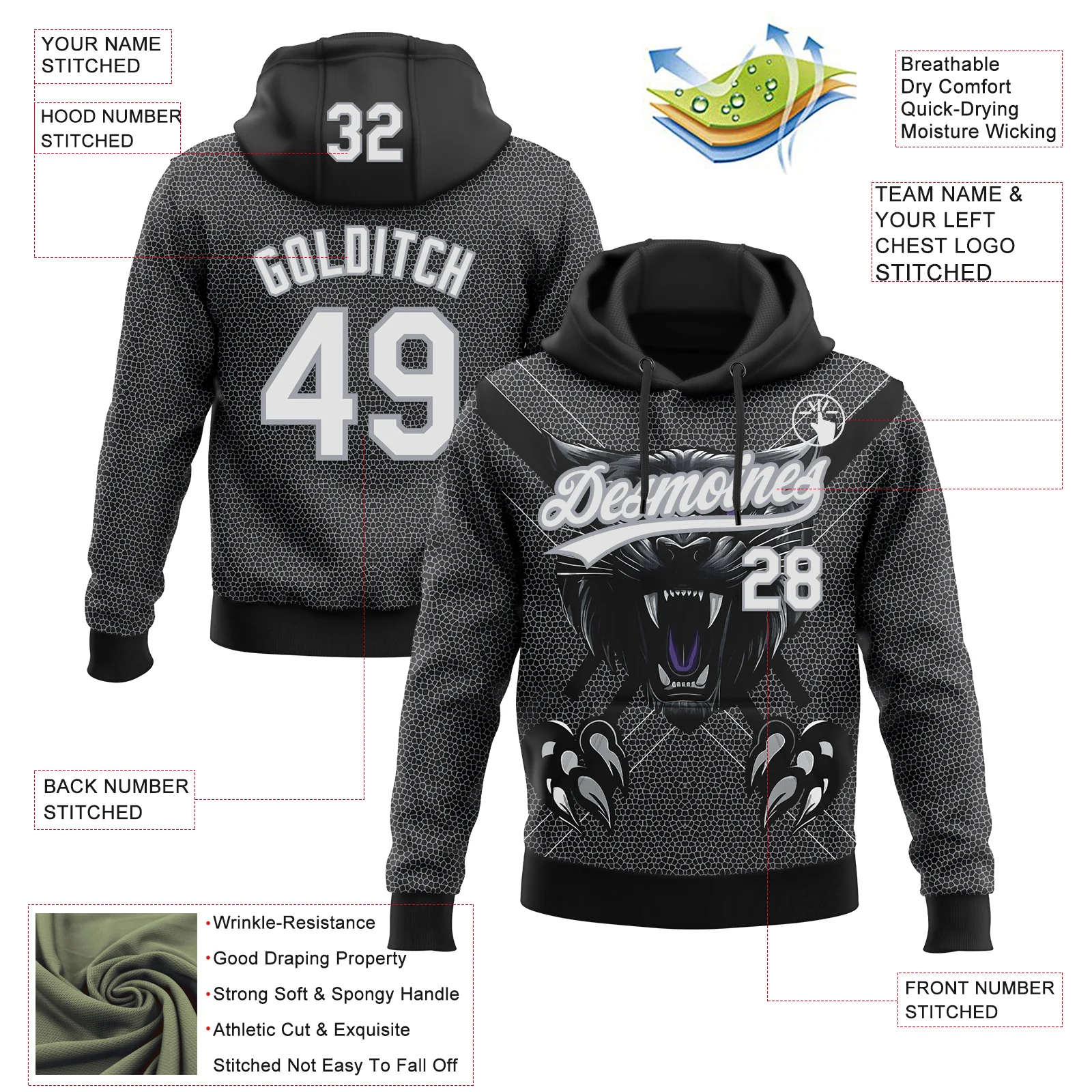 Custom Stitched Black White-Gray 3D Pattern Design Leopardo Sports Pullover Sweatshirt Hoodie