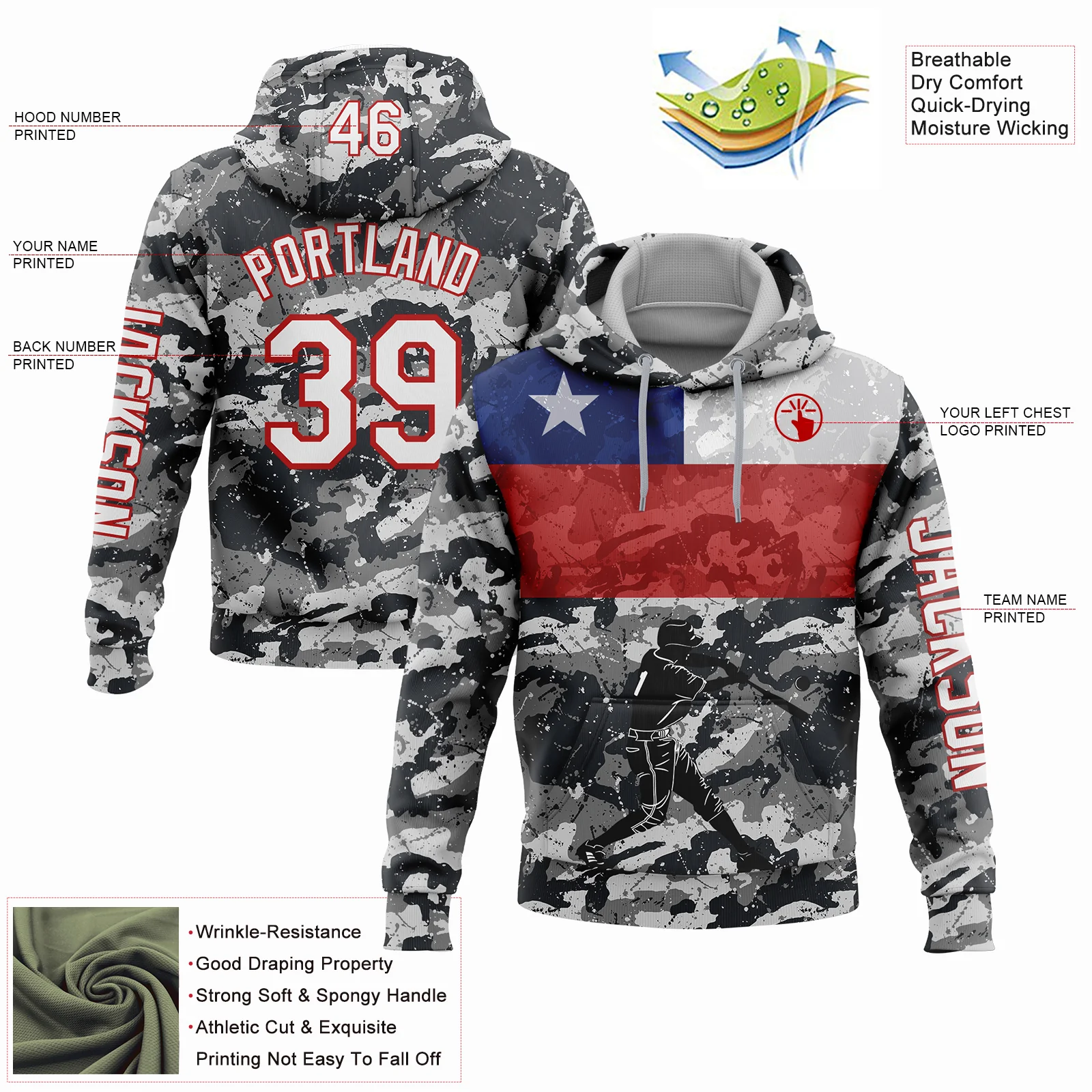 Custom Camo White-Red 3D Chile Chilean Flag Sports Pullover Sweatshirt Salute To Service Hoodie