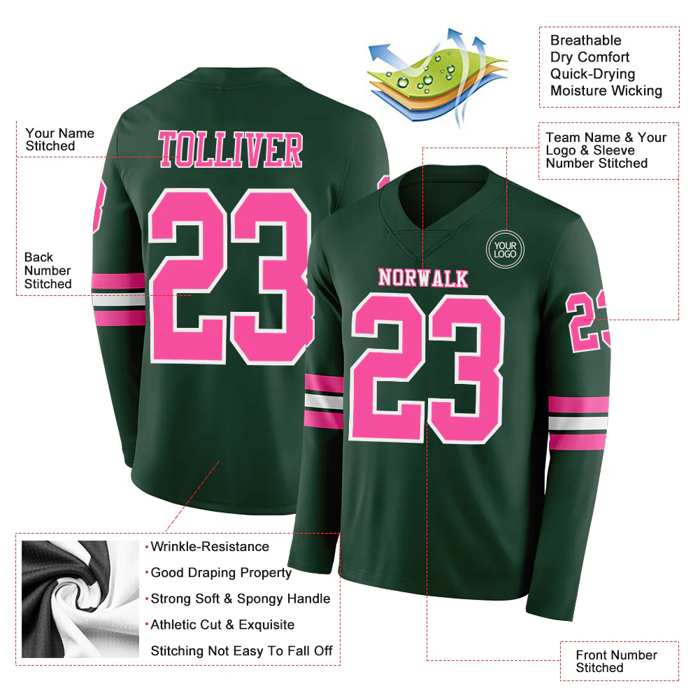 Custom Green Pink-White Long Sleeve Authentic Football Jersey