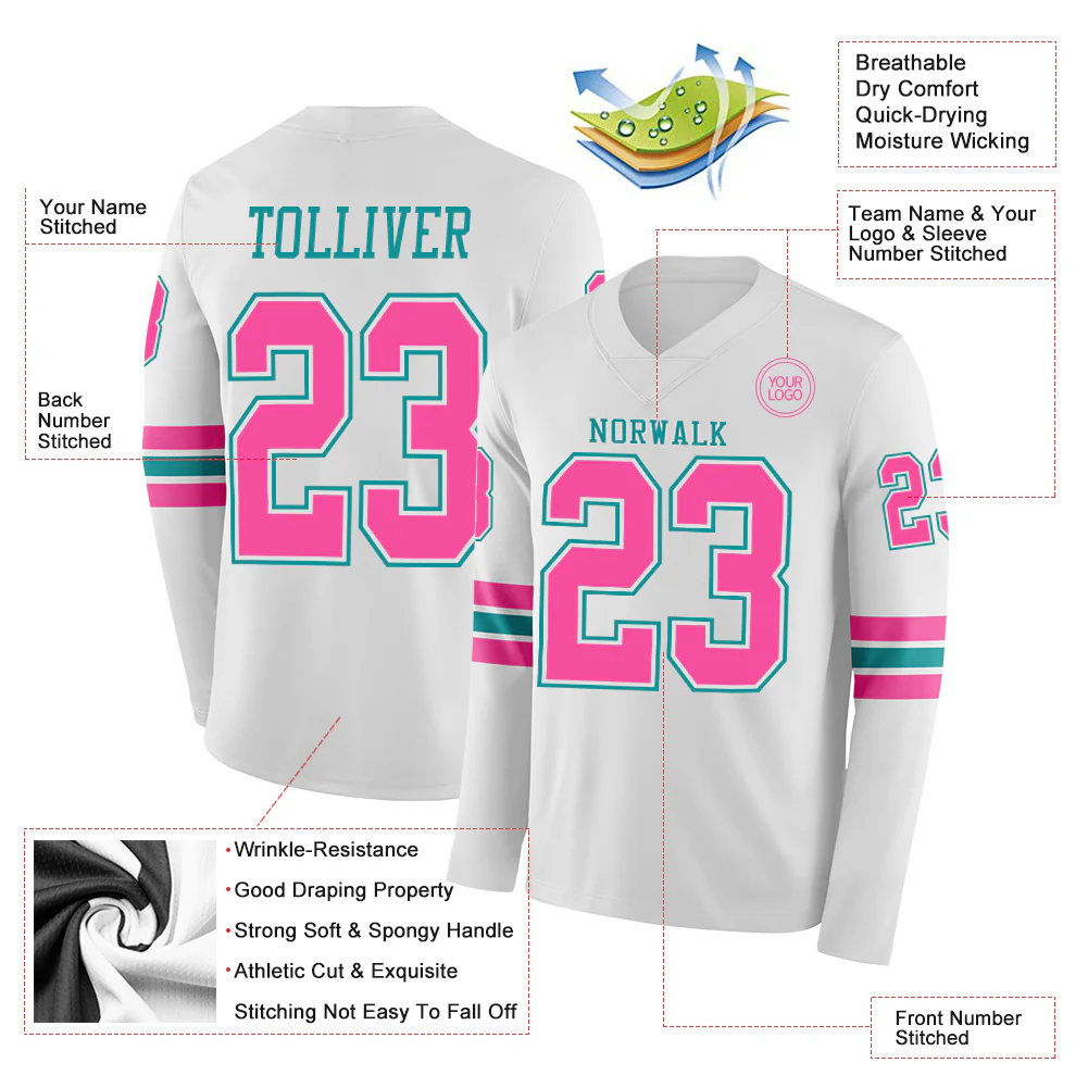 Custom White Pink-Teal Long Sleeve Authentic Football Jersey