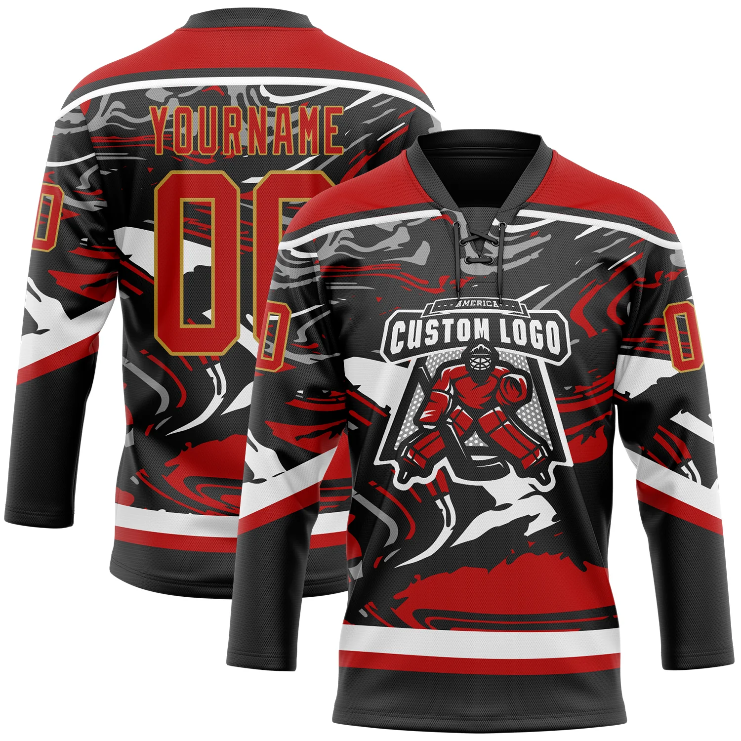 Custom Figure Red Black Old Gold-White 3D Pattern Fluid Art Hockey Lace Neck Jersey