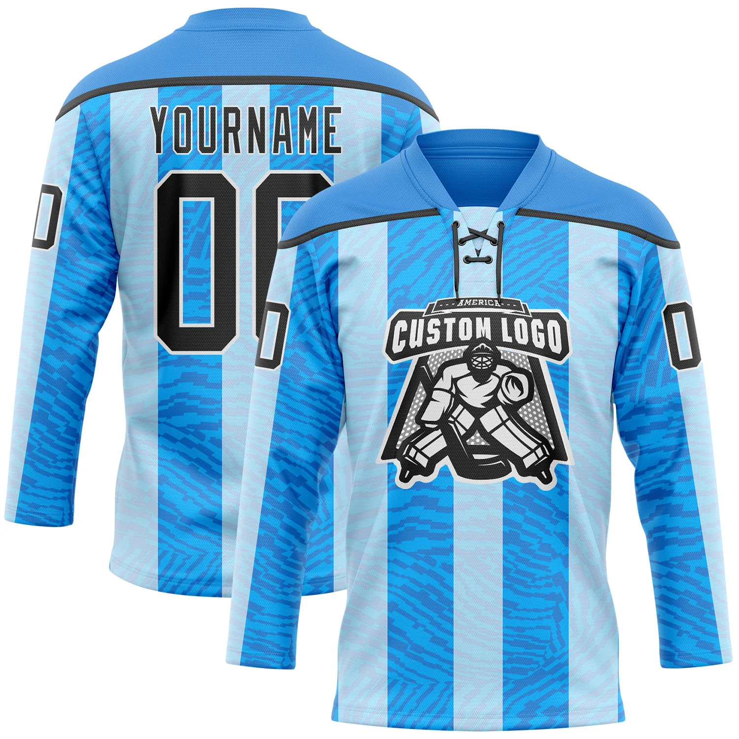 Custom Blue Black Powder Blue-White 3D Pattern Design Stripe Hockey Lace Neck Jersey