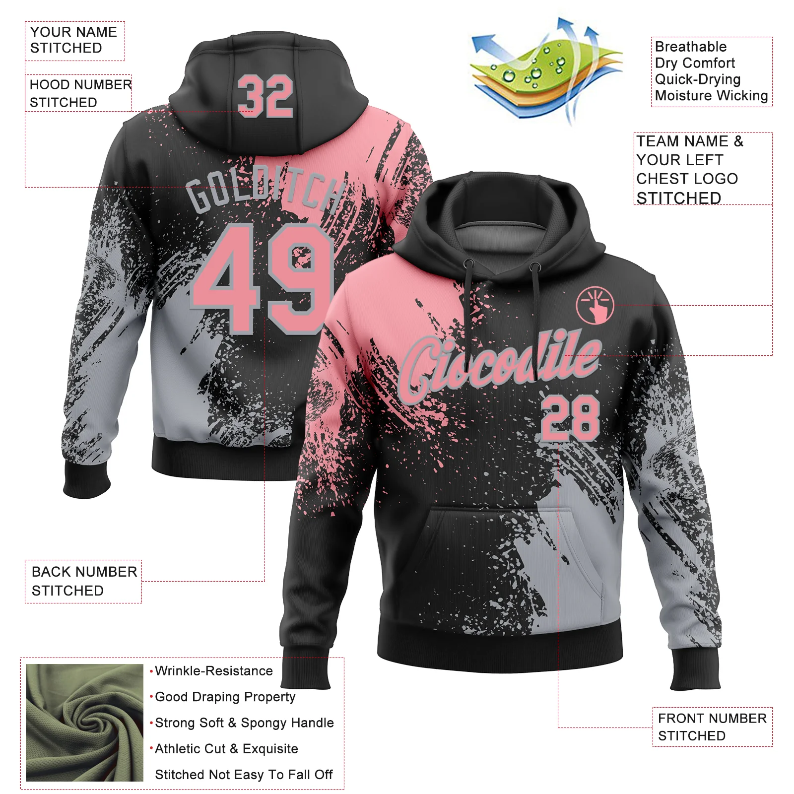 Custom Stitched Black Medium Pink-Gray 3D Pattern Design Abstract Brush Stroke Sports Pullover Sweatshirt Hoodie
