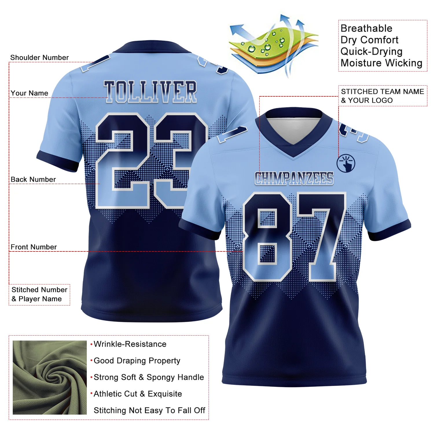 Custom Light Blue Navy-White Authentic Gradient Square Shape Flag Football Jersey