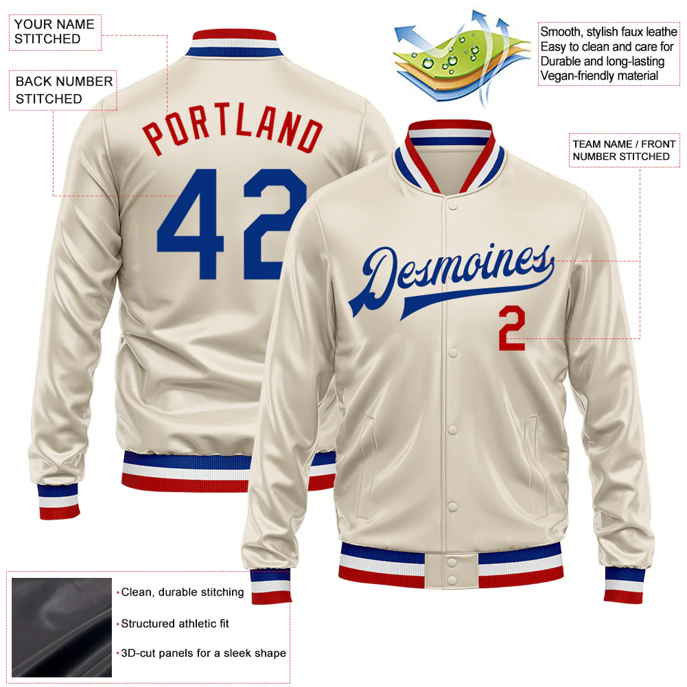 Custom Cream Royal-Red Bomber Full-Snap Varsity Faux Leather Letterman Jacket