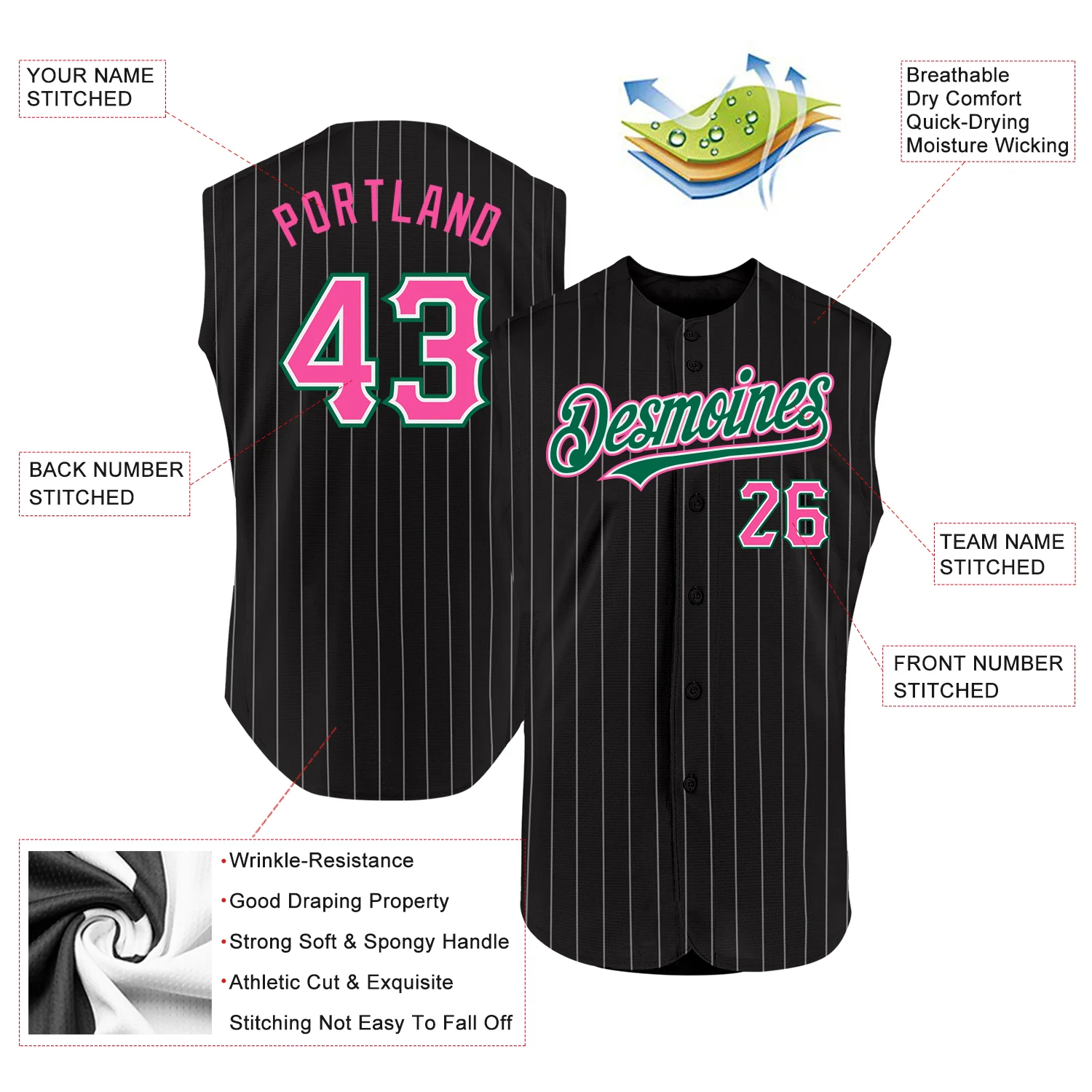 Custom Black White Pinstripe Pink-Kelly Green Authentic Sleeveless Baseball Jersey